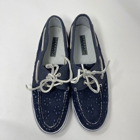 Sperry Womens Top Sider Lace Up Fashion Sneakers Eyelet Blue Deck Shoes US 7.5M - Picture 2 of 10